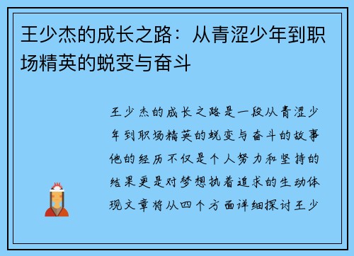 王少杰的成长之路：从青涩少年到职场精英的蜕变与奋斗